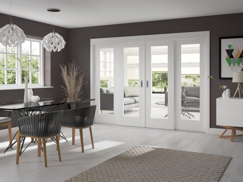 White Primed Easi-Slide Room Divider Door System with White Primed Pattern 10 (CLEAR GLASS DOORS) - XL